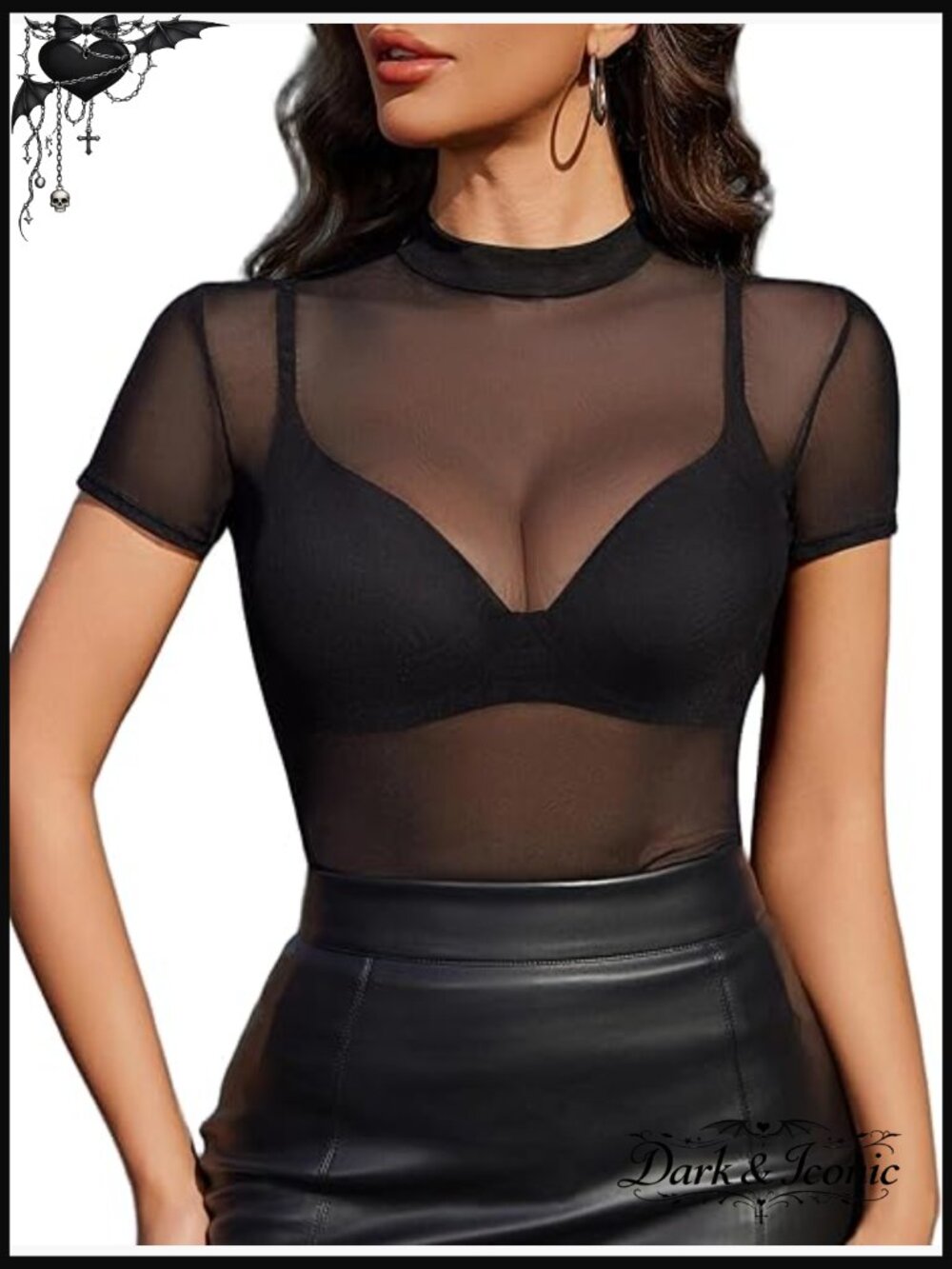 Mesh Mock Neck Sheer Blouse Short Sleeve See Through Clubwear Bodycon Top
